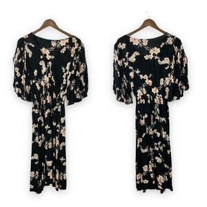Maree | Black Floral Crepe Texture Babydoll Blouson Flutter Sleeve Midi Dress